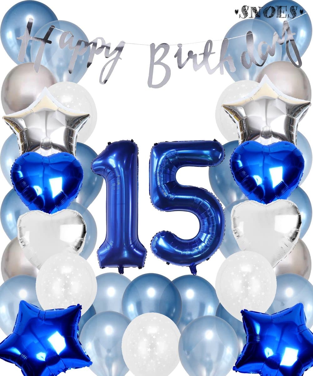Snoes Ballonnen 15 Jaar Set Mega Blauw Zilver Ballon - Compleet Feestpakket Cijferballon 15 Jaar - Verjaardag Versiering Slinger Happy Birthday – Folieballon – Latex Ballonnen - Helium Ballonnen