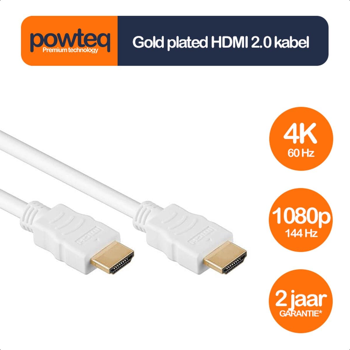 Powteq Premium - Gold plated HDMI kabel - 15 meter - Wit - HDMI 2.0 - 4K 60 Hz - 1080p 144 Hz - Witte HDMI kabel