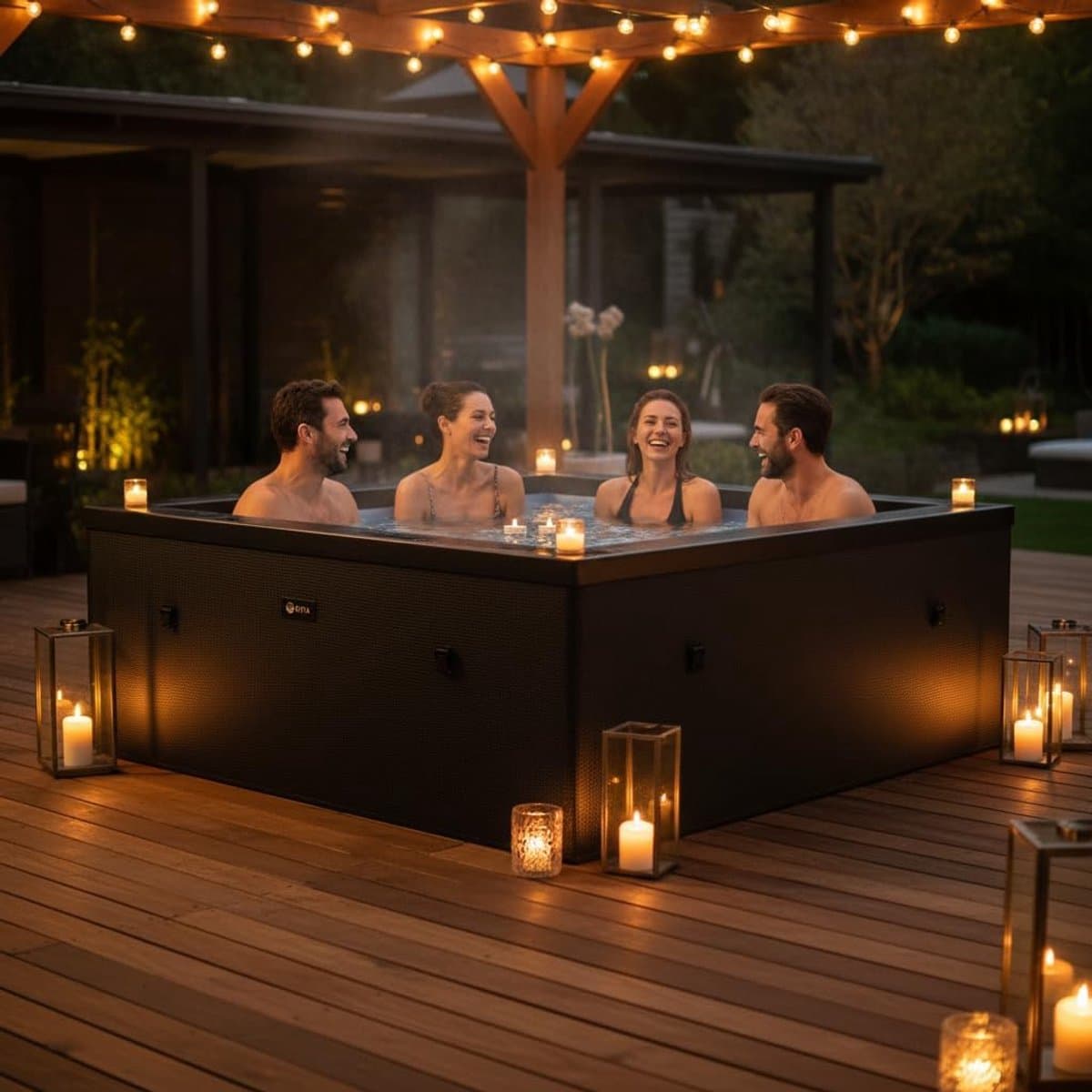 Opblaasbare Jacuzzi 180 x 180 x 70 cm met Verwarming tot 42°C & 90 AirJets – 6 Persoons Semi-Rigide Luxe Spa met Schuimconstructie, Filterpomp & Isolerende Cover – Zwart – Urbanhome
