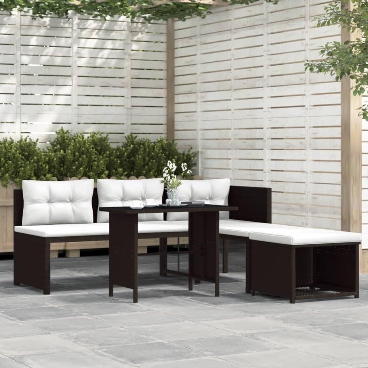 Tuin loungeset 4-delig polyrotan met ligbed en voetenbank – Loungeset met kussens, weerbestendig tuinmeubelen set balkon & terras bruin – Urbanhome