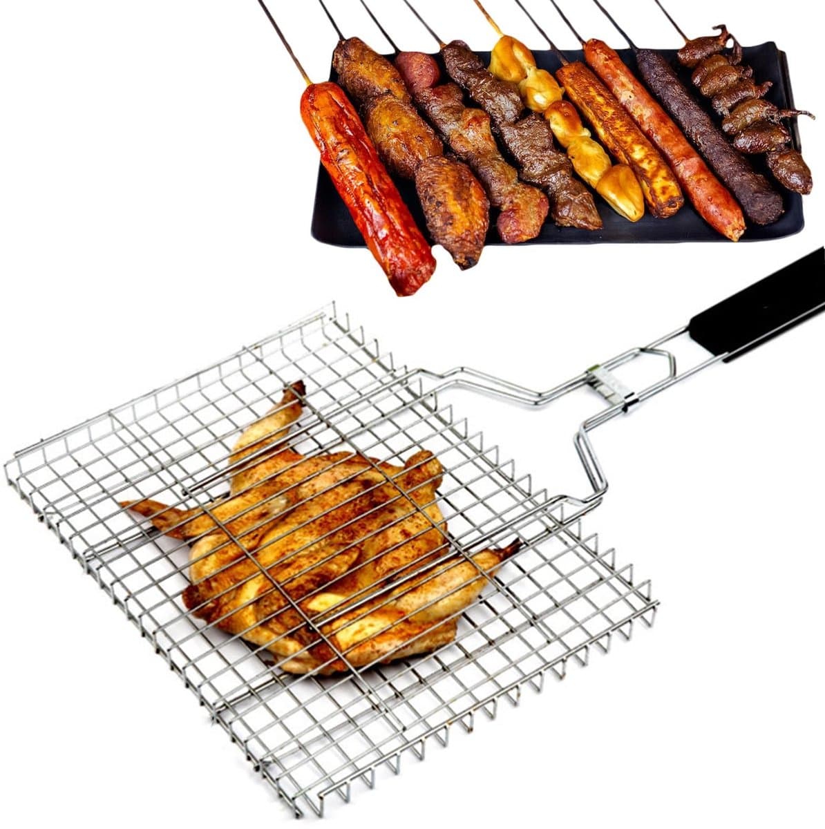ZEYNOMAX- Grillmand Roestvrij Staal - Hittebestendig Houten Handvat - BBQ Accessoires - Draagbaar Outdoor - Groot Kookoppervlak - Gemakkelijk Schoon Te Maken - Barbecuemand