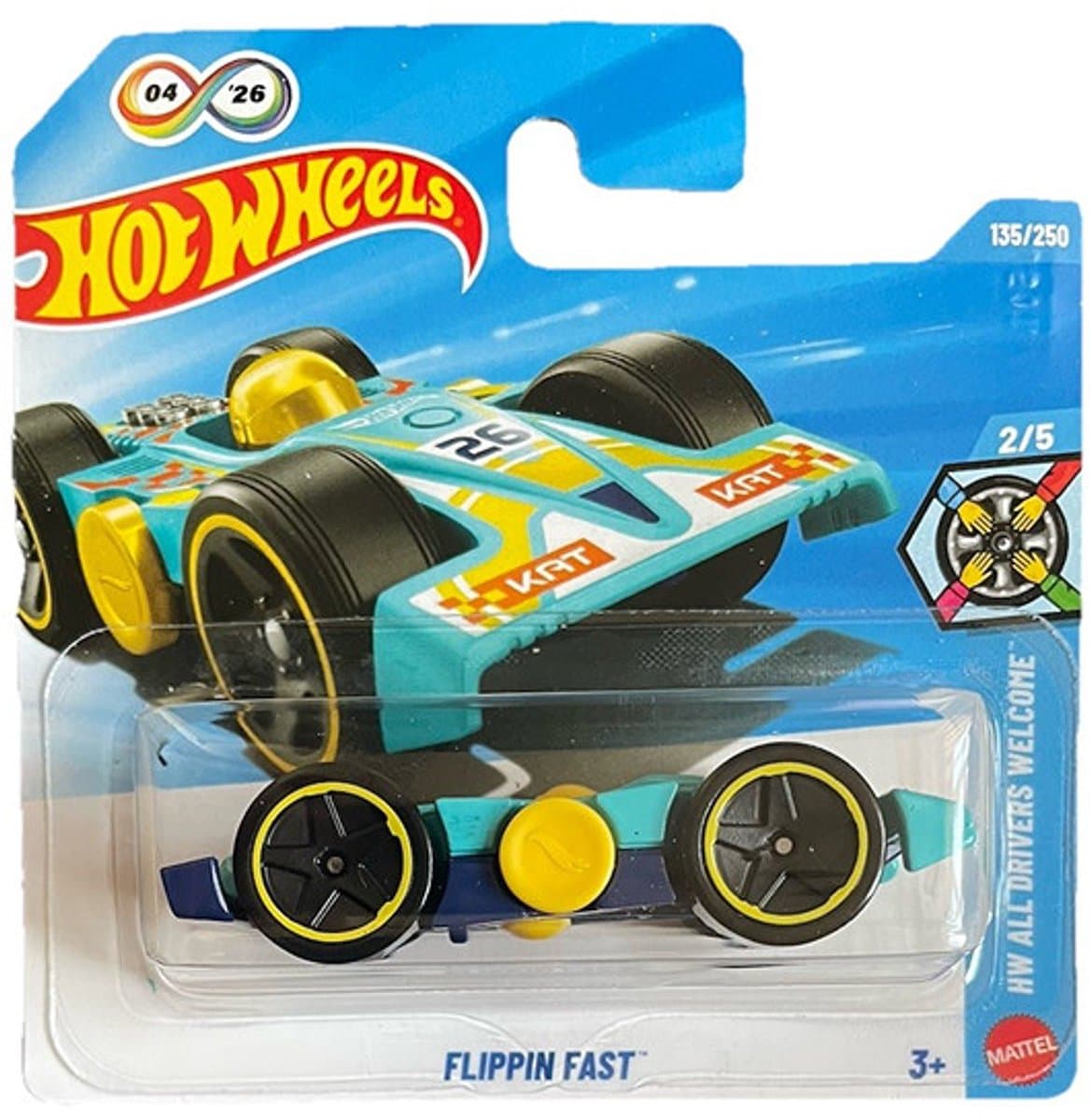HOT WHEELS FLIPPIN FAST YELLOW TURQUOISE 135/250 HW ALL DRIVERS WELCOME 1:64 SHORT CARD 2026