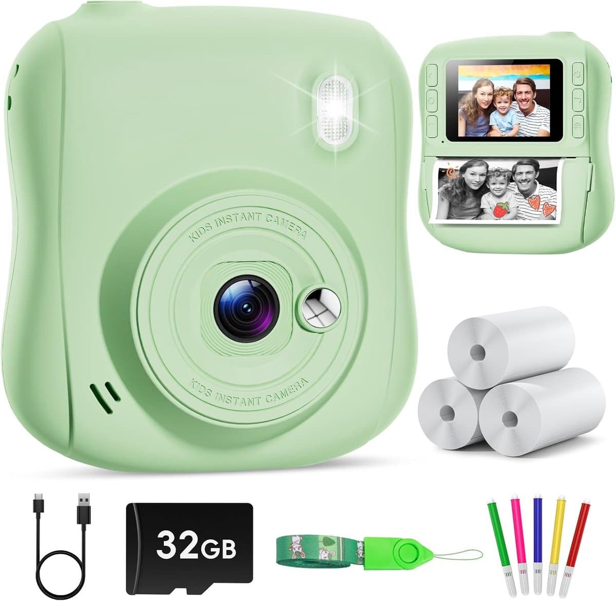 Kinder Camera - Direct Print Camera - Creatief Spelen - Inclusief Kleurpotloden - 32 GB Kaart - Groen