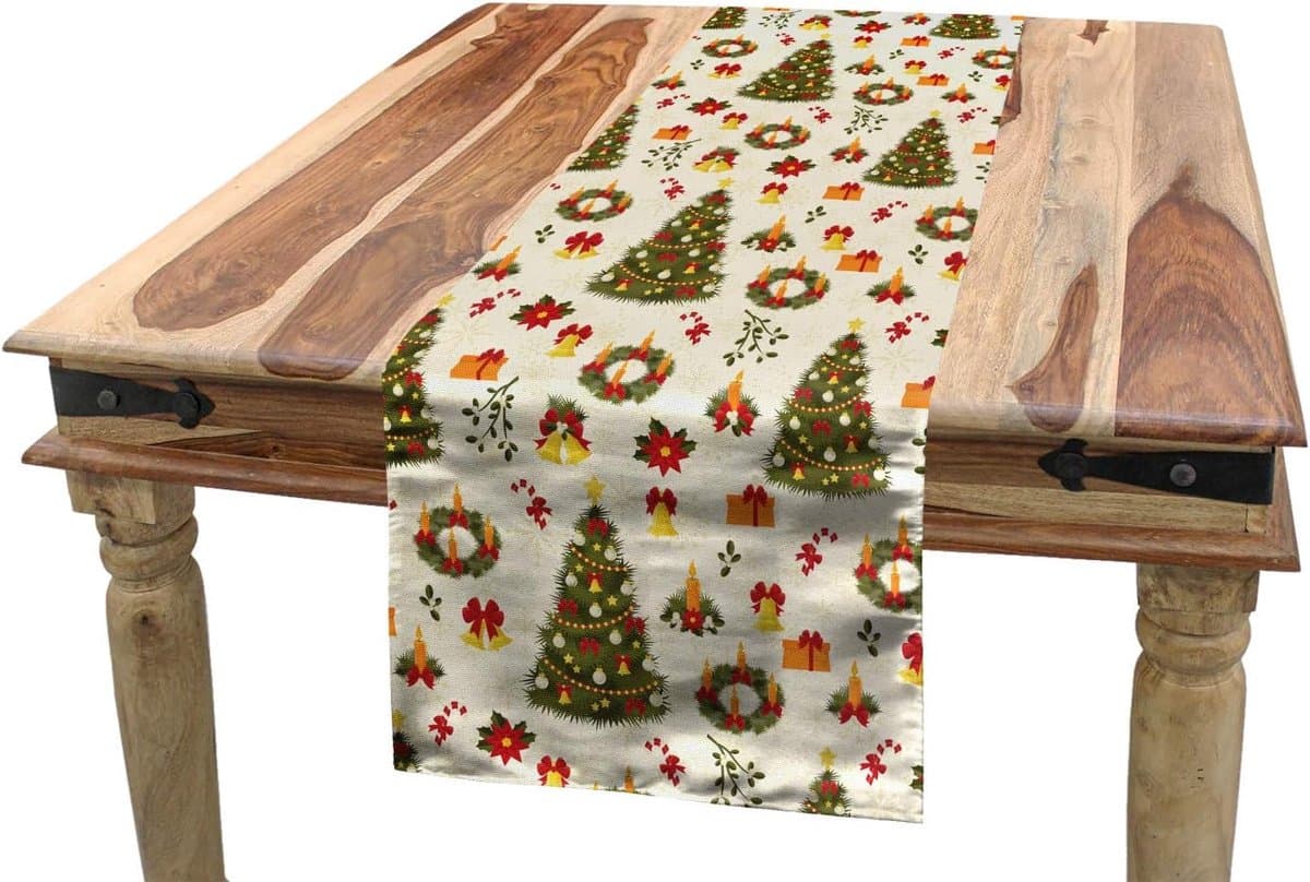 ABAKUHAUS kersttafelloper, kerststerbloemen, eetkamerkeuken rechthoekige decoratieve tafelloper, 40 x 180 cm, olijfgroen geel