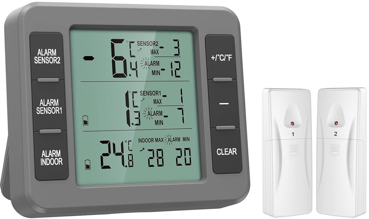 ORIA Koelkastthermometer, Digitale Thermometer Hygrometer, met Binnentemperatuur monitor, 2 Sensoren, Vriezerthermometer, Min/Max waarde, voor Thuis, Restaurants - Grijs