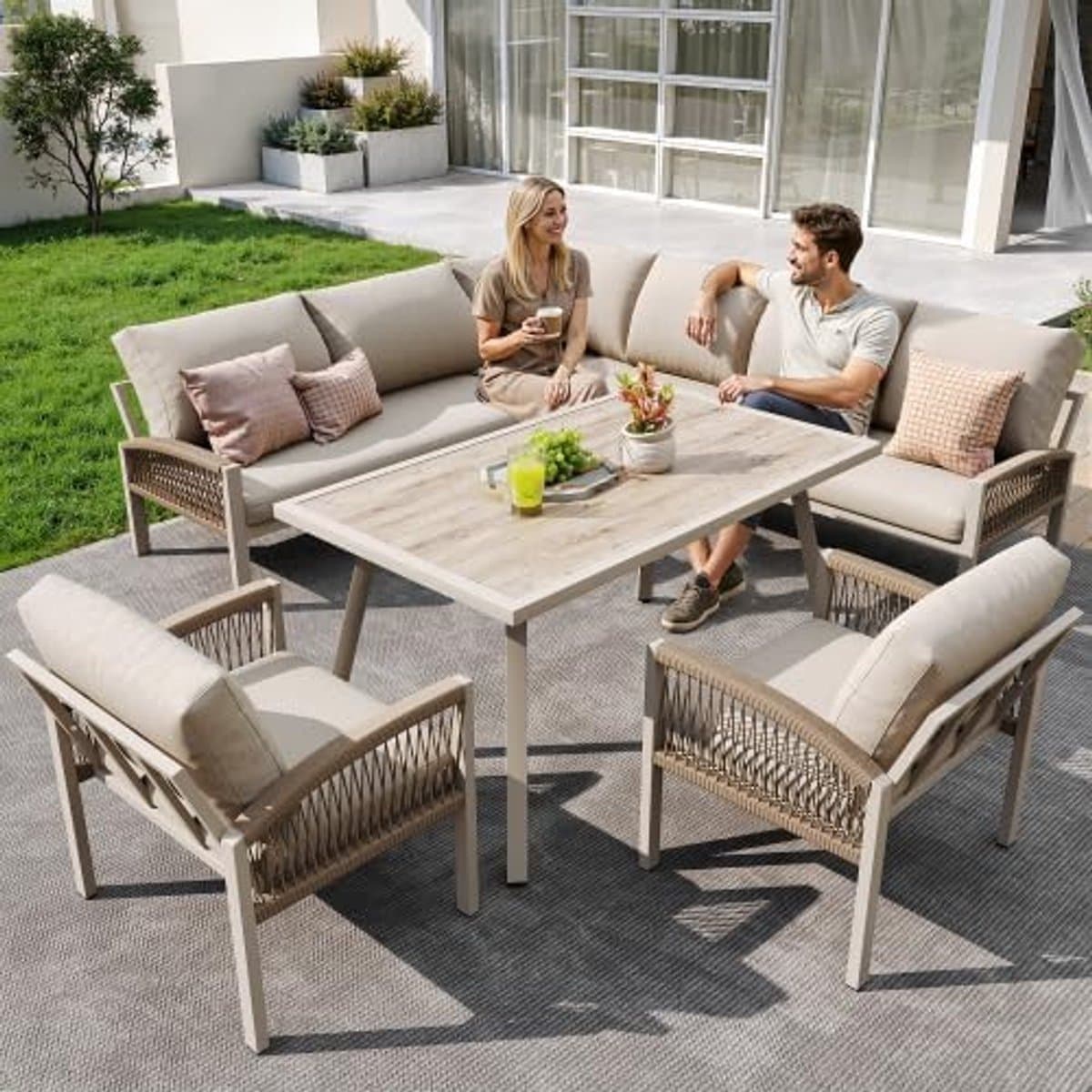 Loungeset Tuin XXL 8 Personen 234x55x86 cm – Modulaire L-Vorm Hoekbank met Tafel & 8 cm Kussens – Weerbestendige Outdoor Lounge Set voor Terras & Tuin – Beige – Urbanhome