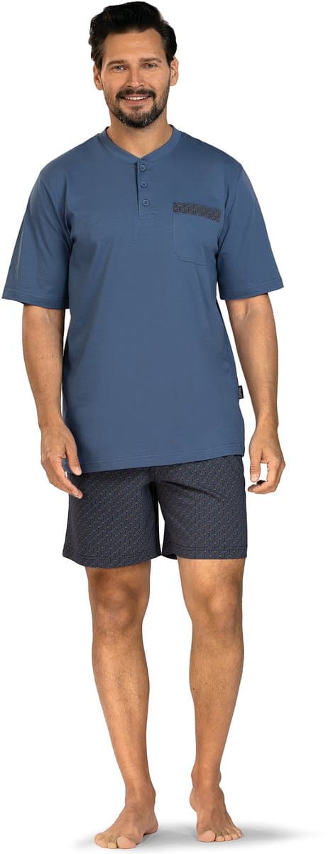 Comte - Heren Shortama - 100% katoen - effen blauw met print broek - Maat 4XL