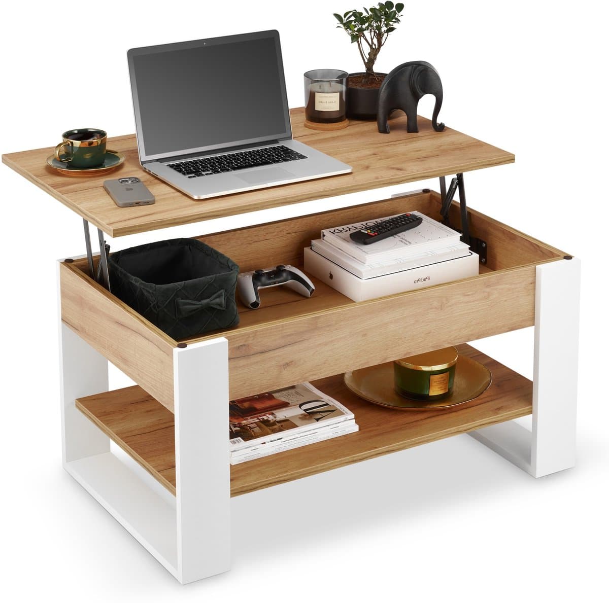 defiPad Salontafel met opklapbaar blad, plank en opbergruimte - Industrieel, Loftstijl - Wit + Eiken Craft