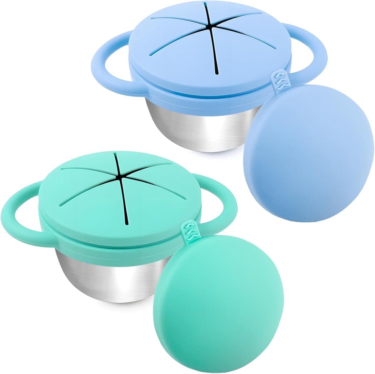 JeiibrZui Snackbox Set - 2 Stuks - Rvs Snackbekers Met 2 Soorten Siliconen Deksel - Lekdicht En Stoffdicht - Ideaal Voor School Reis En Picknick - Groen En Blauw