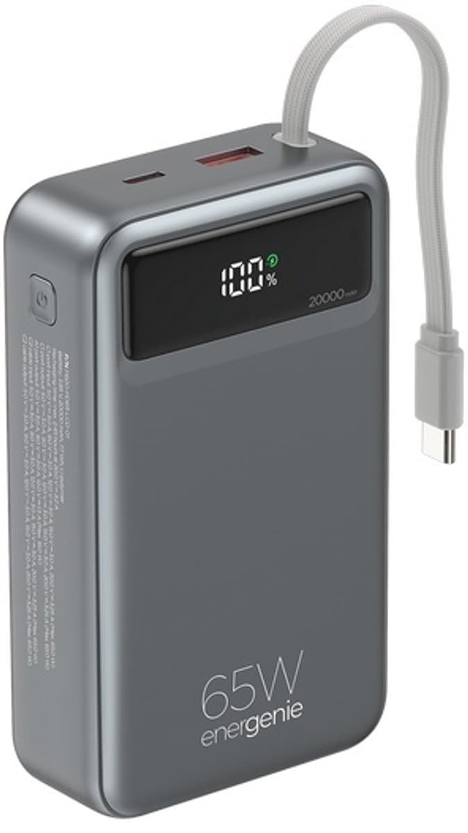 65 W powerbank 20.000 mAh met geïntegreerde usb-c kabel - Geschikt voor laptop - PowerDelivery & QC 3.0 - EnerGenie