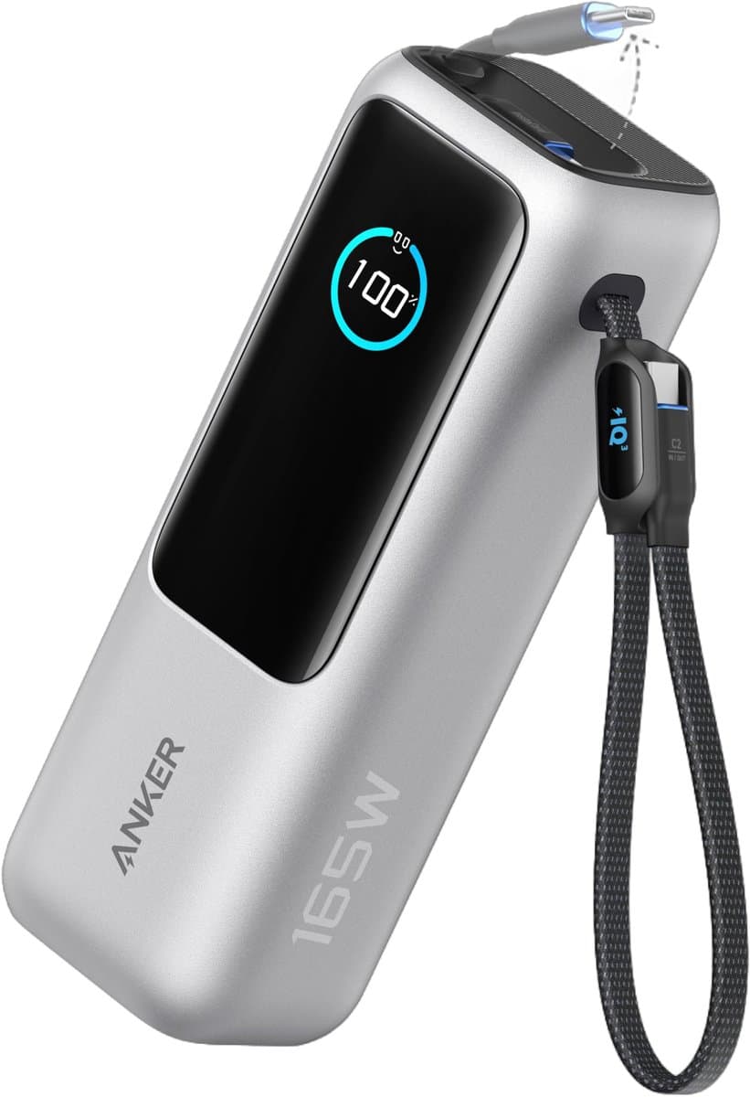 Anker PowerCore 25K Powerbank 25.000mAh - 165W - 3x 100W USB-C Poorten - Zilver - Ingebouwde Intrekbare Kabels - Real-Time Smart Display - Vliegtuigvriendelijk Ontwerp