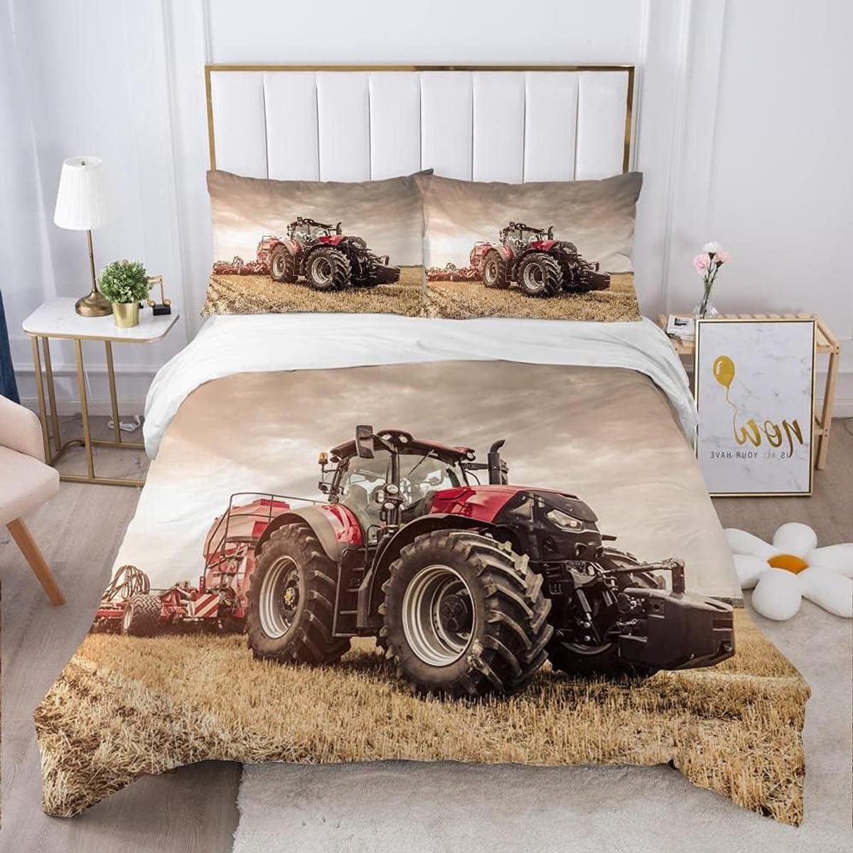 Dekbedovertrek Set - Beddengoed Set Kussensloop - Slaapkamer Decoratie - Boerderij Trekker Patroon - 135x200 cm - Meerkleurig