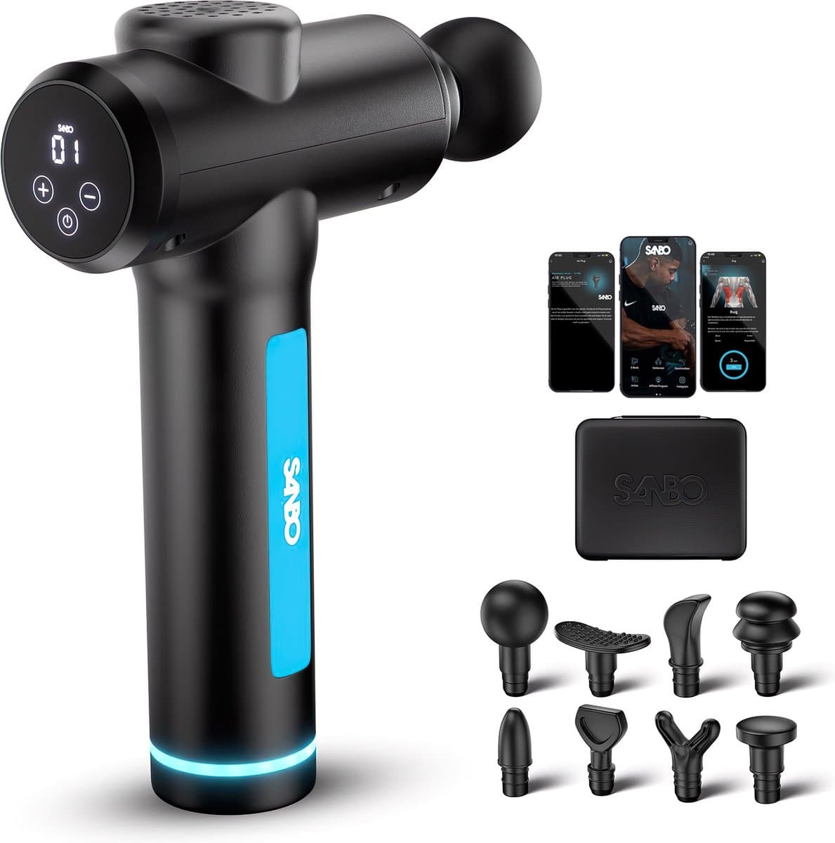 Sanbo Massage Gun Professioneel Gen 4 - 30 Intensiteitsstanden en 8 opzetstukken - Massage Apparaat - Massageapparaat Massagegun - Massage Pistool - Zwart