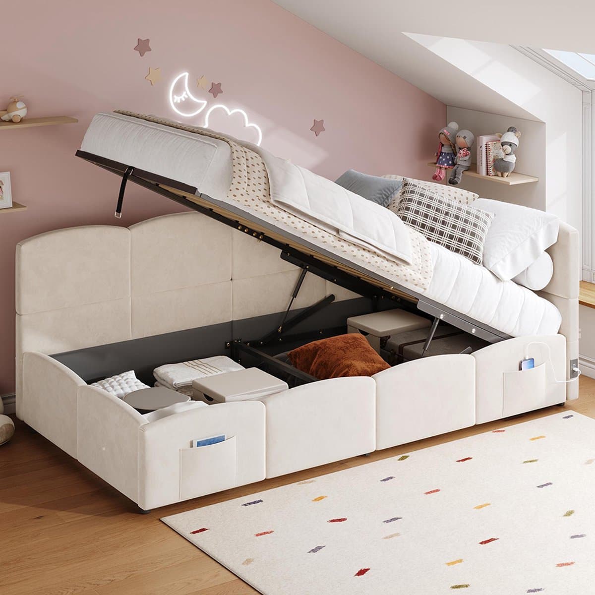BLACKCOLORS Gestoffeerd bed, kinderbed, eenpersoonsbed, bed met opbergruimte, slaapbank 90x200 cm, met lattenbodem, USB-oplader, opbergtas, tienerbed en volwassen kinderbed, fluweel, beige (zonder matras)
