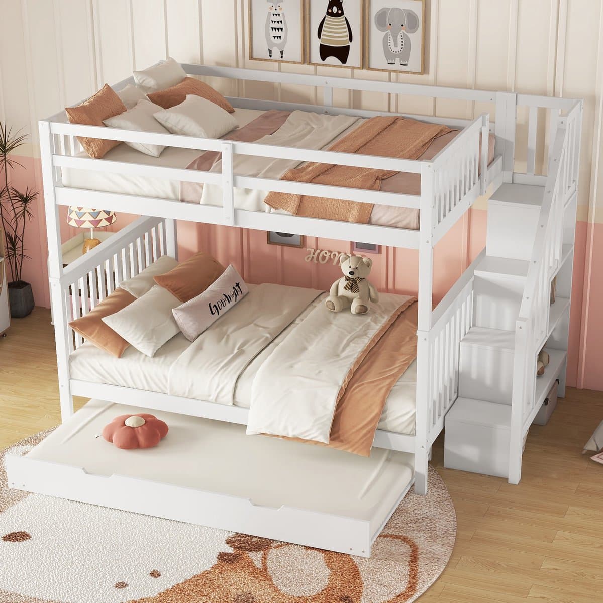MIVRAY Stapelbed 140x200cm - Met Uittrekbaar Rolbed En Trapkast - Hoge Veiligheidshekken EN747 - Grenenhout En MDF - Wit