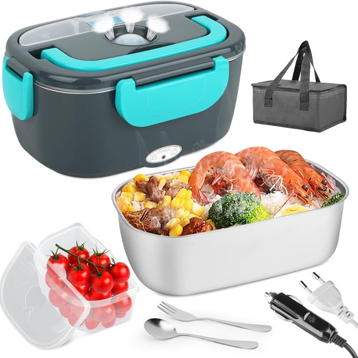 CLVP® Elektrische Lunchbox - Lunchbox Elektrisch - Broodtrommel Elektrisch - Grijs met Blauw
