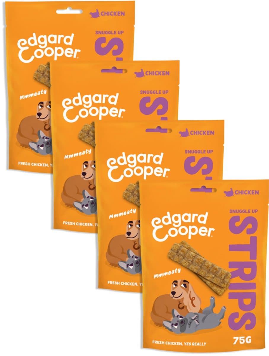 Edgard & Cooper Natural Dog Treats - Chicken Snuggle Up Strips - (4 x 75g), Graanvrij, Vers vlees met hoog eiwitgehalte, vol essentiële aminozuren