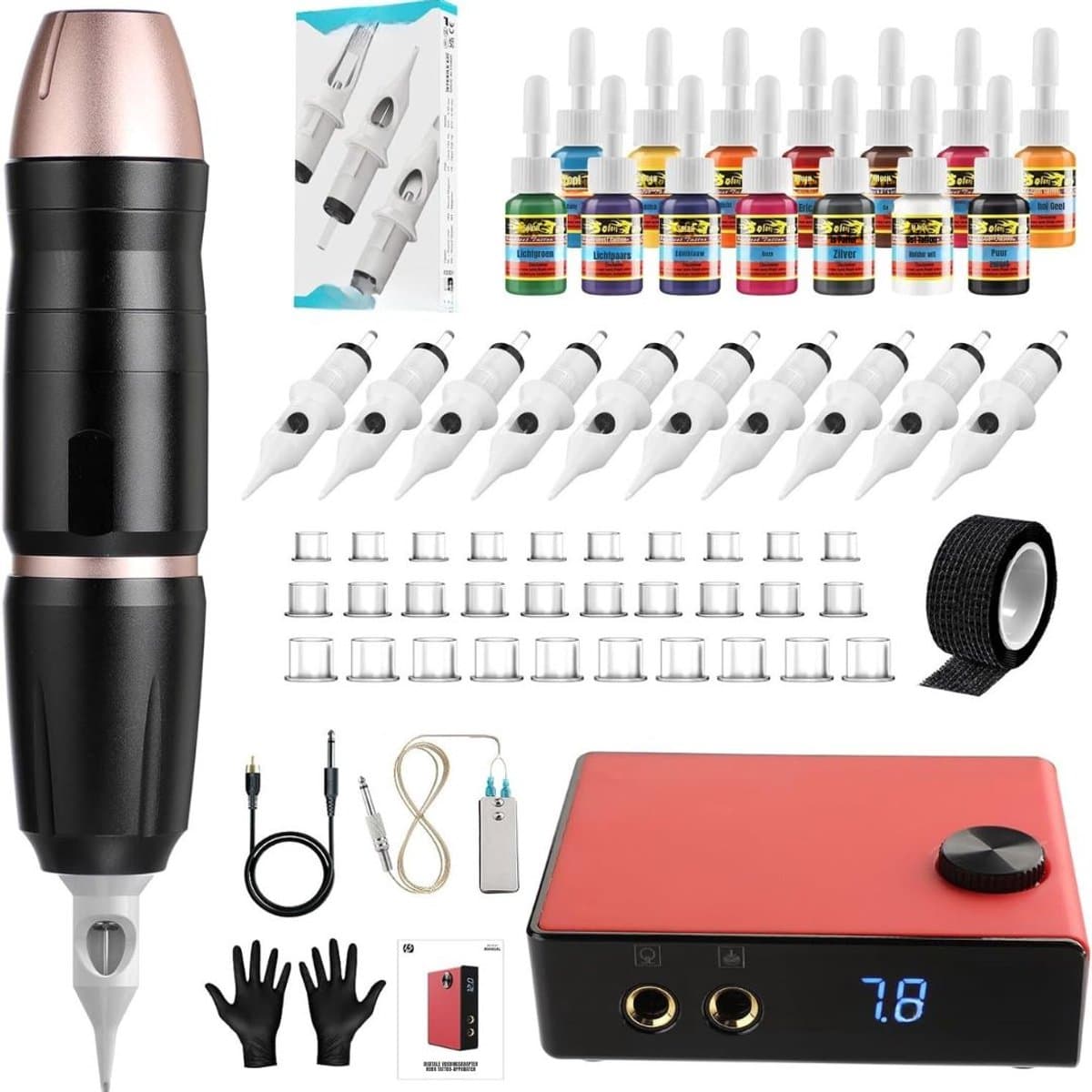 DYNA® Tattoo Machine met 10 Naalden – Tattoo Pen met Verschillende Patroonnaalden – Voor Beginners & Gevorderde – Zwart - 19cm x 15cm x 14cm