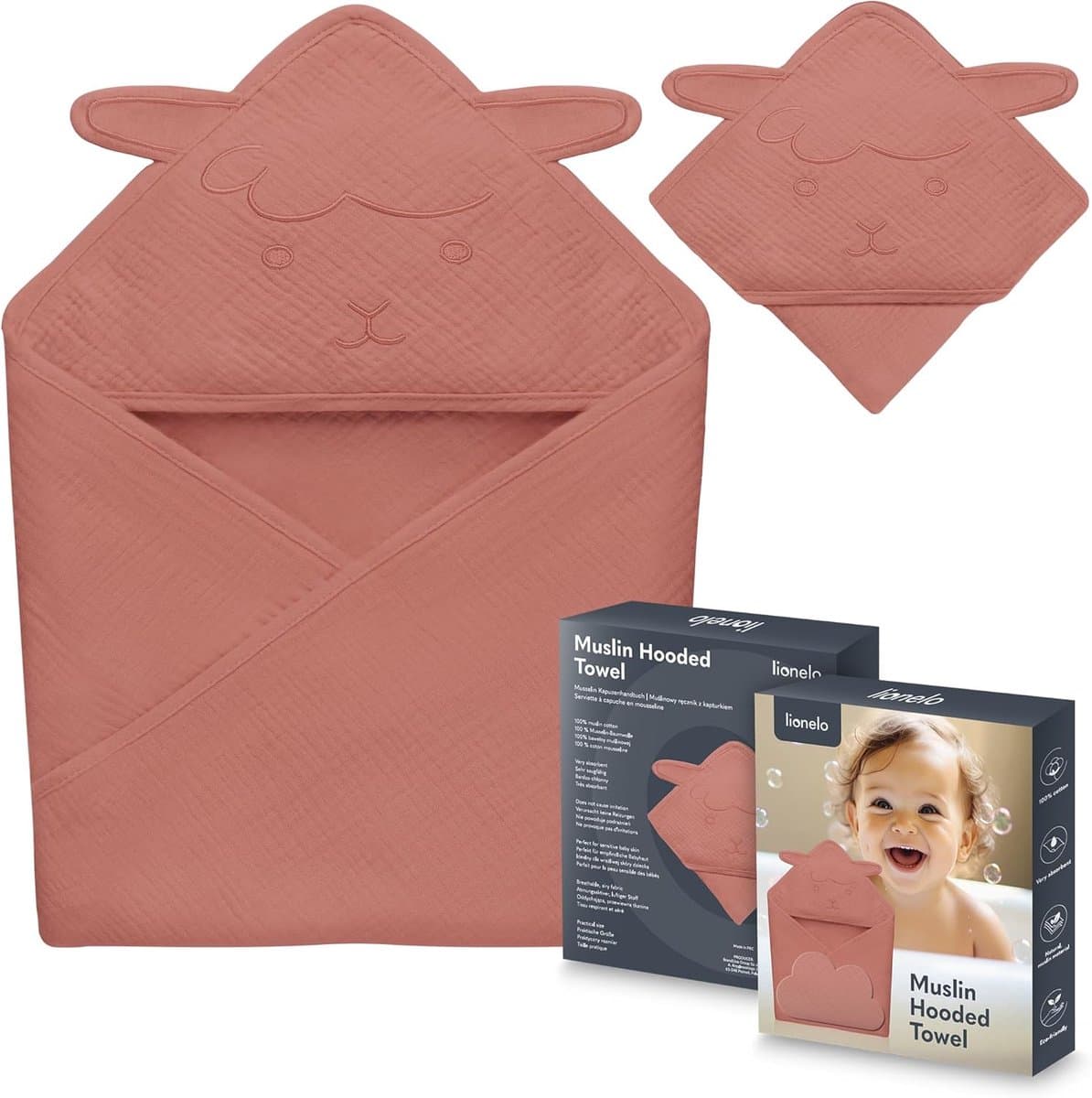 Muslin Badcape met Capuchon voor Baby's - 100% Katoen, Zacht en Absorberend, Veilig voor Gevoelige Huid, Sneldrogend, Ademend in 6 Kleuren