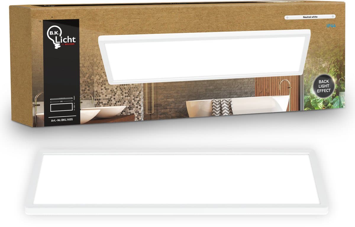 B.K.Licht Shallow - LED Badkamerlamp Plafonniere - paneel plafondlamp - badkamerverlichting met neutraal wit licht - IP44 - 58 x 20 cm - wit