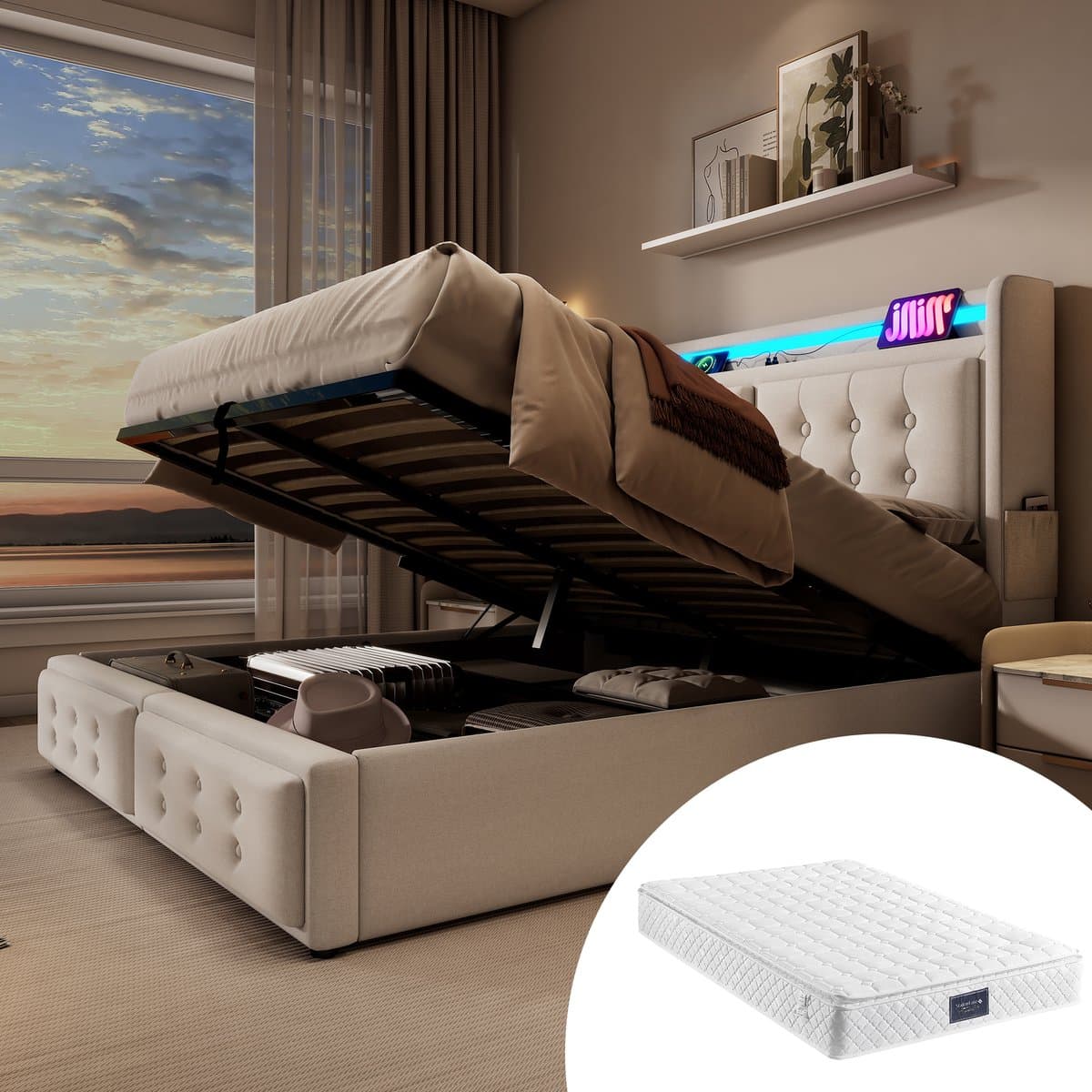HAUSS SPOLE Gestoffeerd Bed 140x200 cm - Tweepersoonsbed Met Matras En Lade - LED-Kopstuk En USB-Oplader - Katoen - Beige