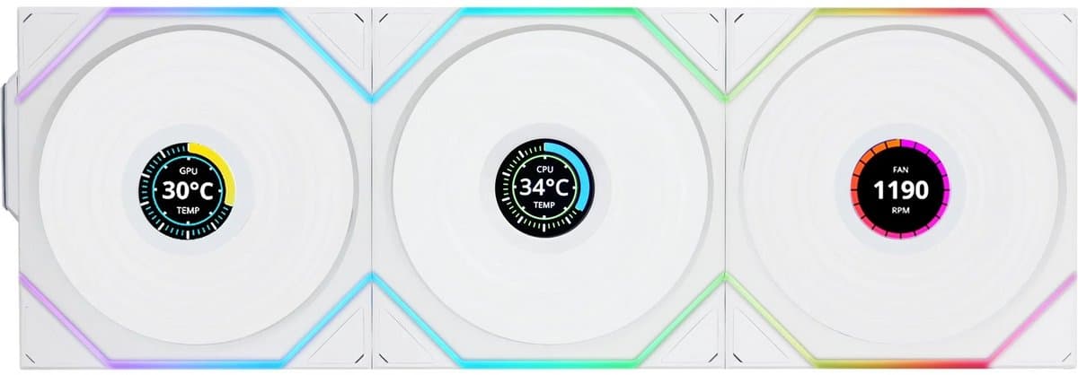 Lian Li UNI FAN TL Wireless ARGB LCD White 3-IN-1 - 3-pack - 120mm - 61.68 cfm - 350 - 1900 rpm - 27 dBA - Incl. LCD scherm - Incl. L-Wireless Controller - 4-pin PWM - Wit