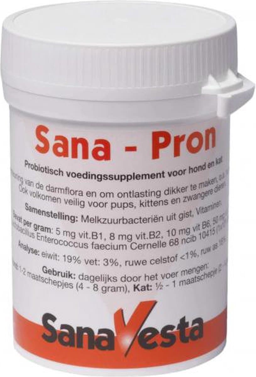 Sana-Pron Probiotic voor hond en kat 100% natuurproduckt geeft u voor/om: Darmflora te ondersteunen - Ontlasting dikker te maken - Opname voedingsstoffen verbeteren