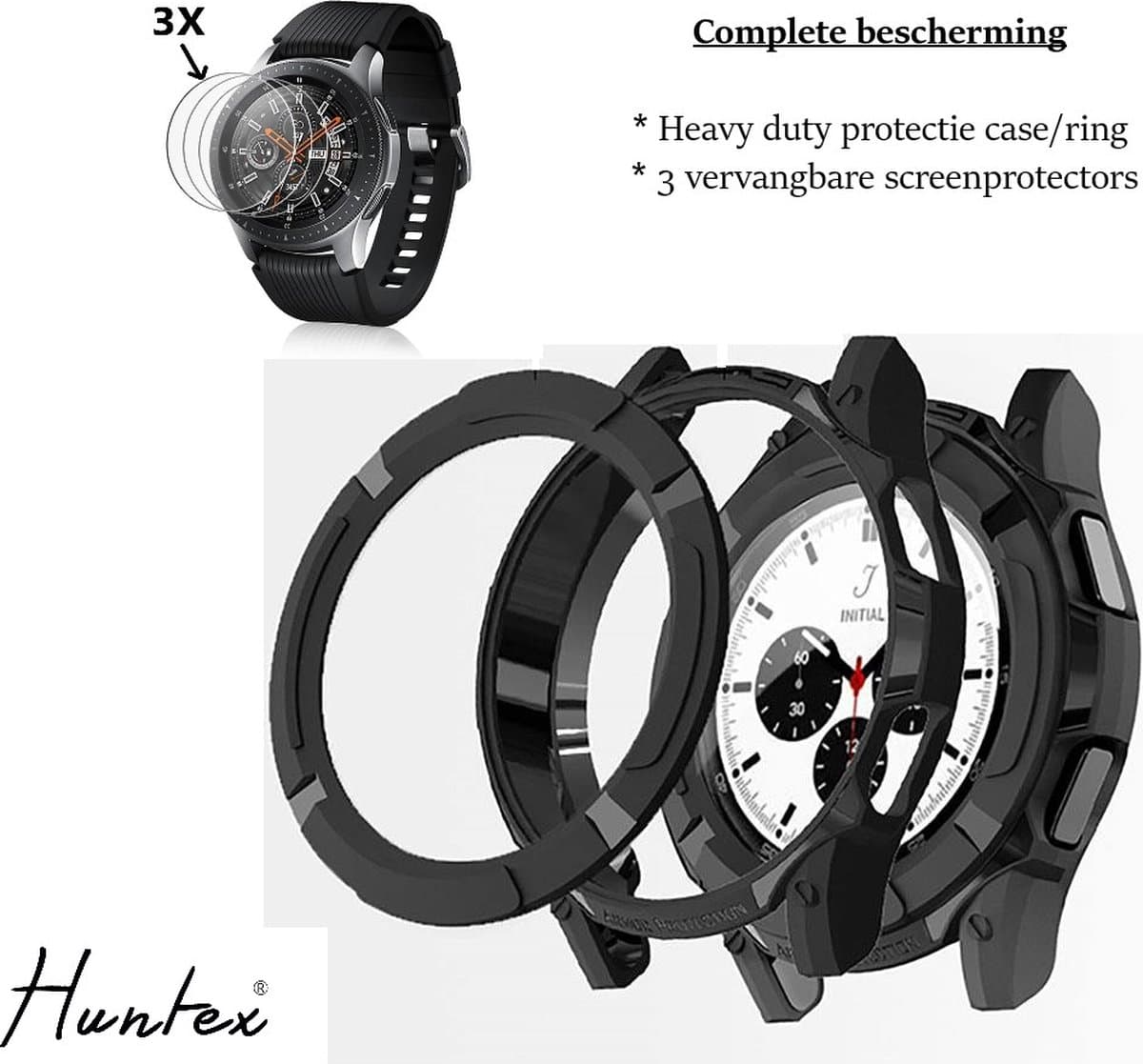 Huntex Beschermingsset Geschikt Voor Samsung Galaxy Watch4 Classic 46mm - INCLUSIEF 3 Geharde Screenprotectors Voor Krasvrije Horloge - Heavy Duty 360 Graden - BumperCase - Beschermkap - Beschermhoesje