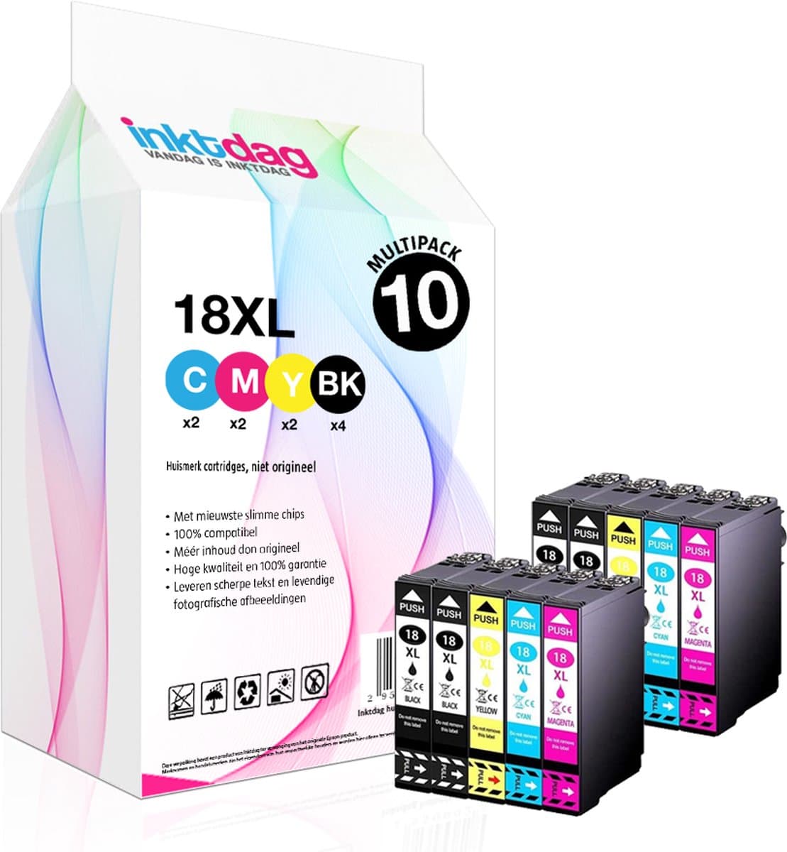 Inktdag inktcartridge voor Epson 18XL multipack van 10 kleuren (4*BK, 2*C, M en Y) voor Epson Expression Home XP202, XP205, XP30, XP302, XP305, XP402, XP405, XP412, XP415, XP315, XP312, XP215, XP212, XP225, XP322, XP422, XP425, XP325, XP222