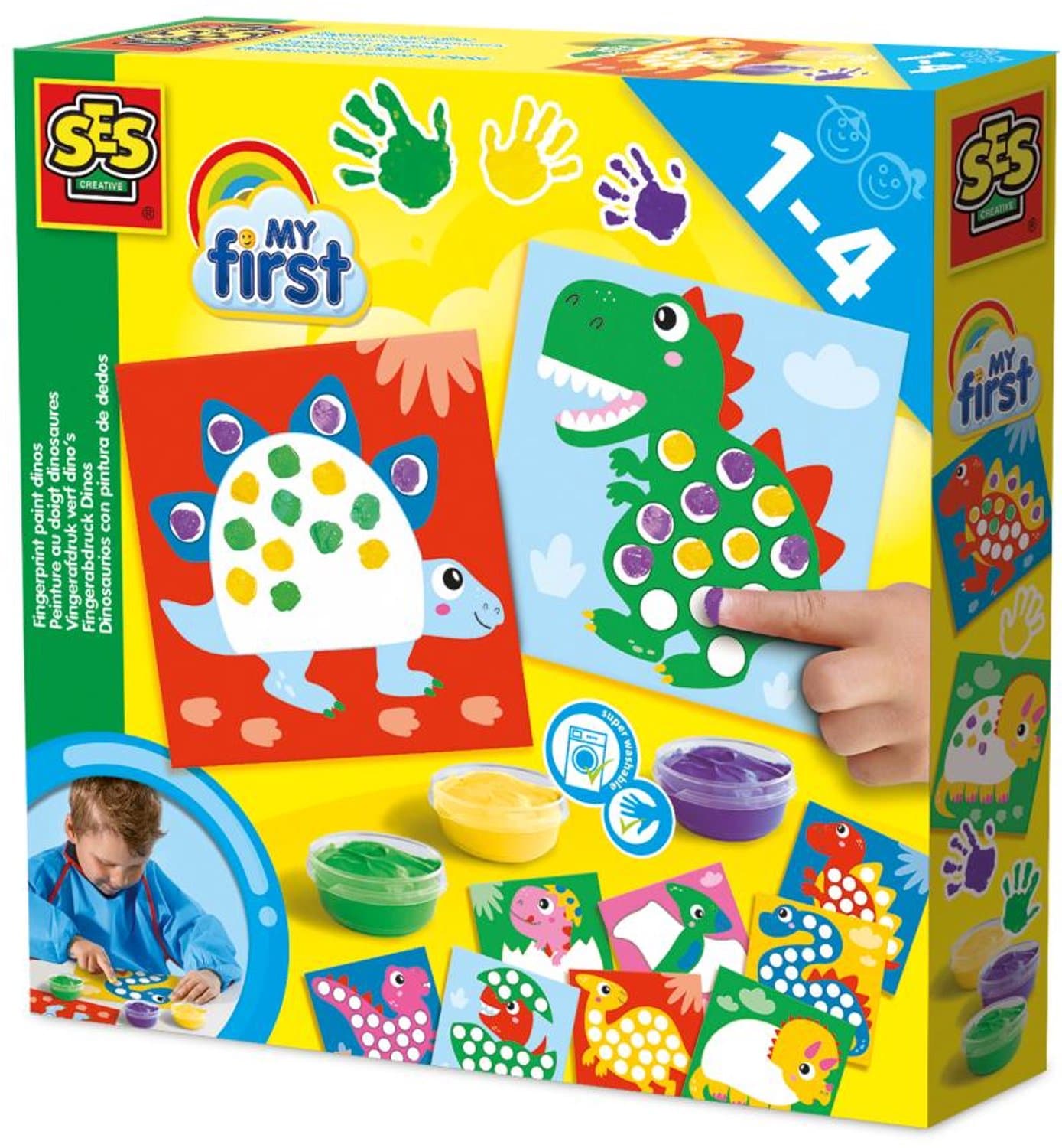 SES Creative - My First – Dinos Stippen met Vingerverf - 10 kleurplaten met dieren en 3 kleuren vingerverf - goed uitwasbaar - Dinosaurus speelgoed – Glutenvrij - 1 tot 4 jaar