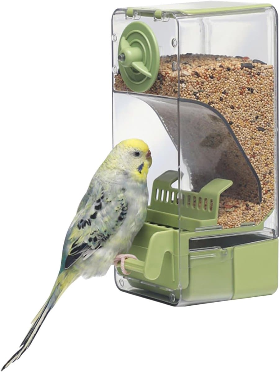 Automatische vogelvoeder, voederbak voor in de vorm van een vogelkooi met zitstok, geschikt voor grasparkieten, kanaries, kaketoes en andere vinken (groen).