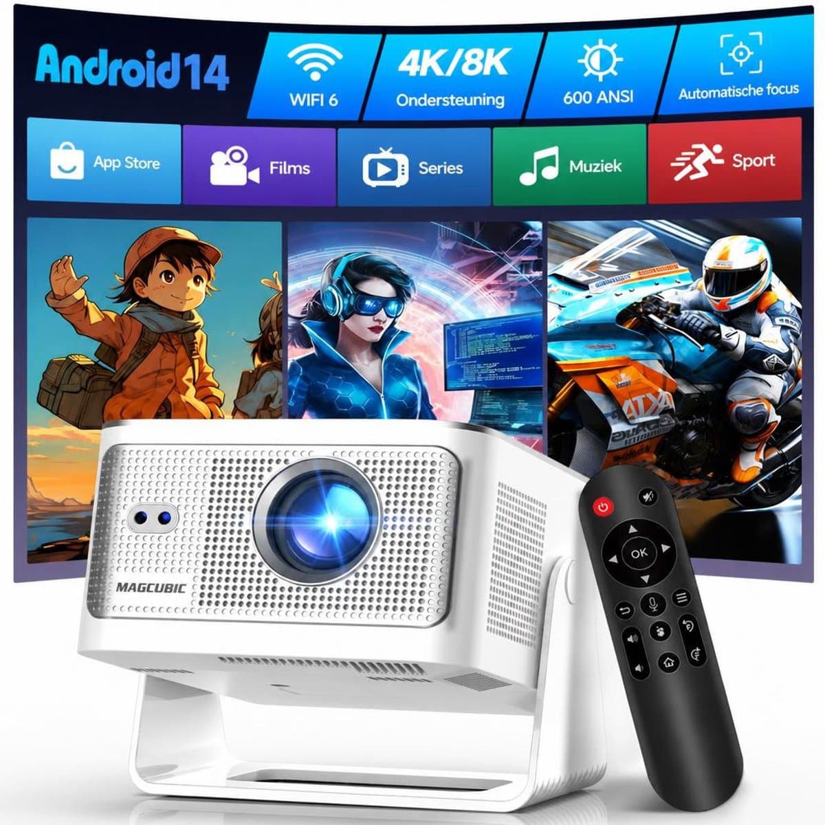 Magcubic® HY350MAX Mini Beamer 4K - Draagbare Smart Projector met Android 14 - Thuisbioscoop Beamer WiFi 6 & Bluetooth 5.4 - 600 ANSI- Auto Keystone - 180° Draaibaar - Full HD 1080P - Home Cinema