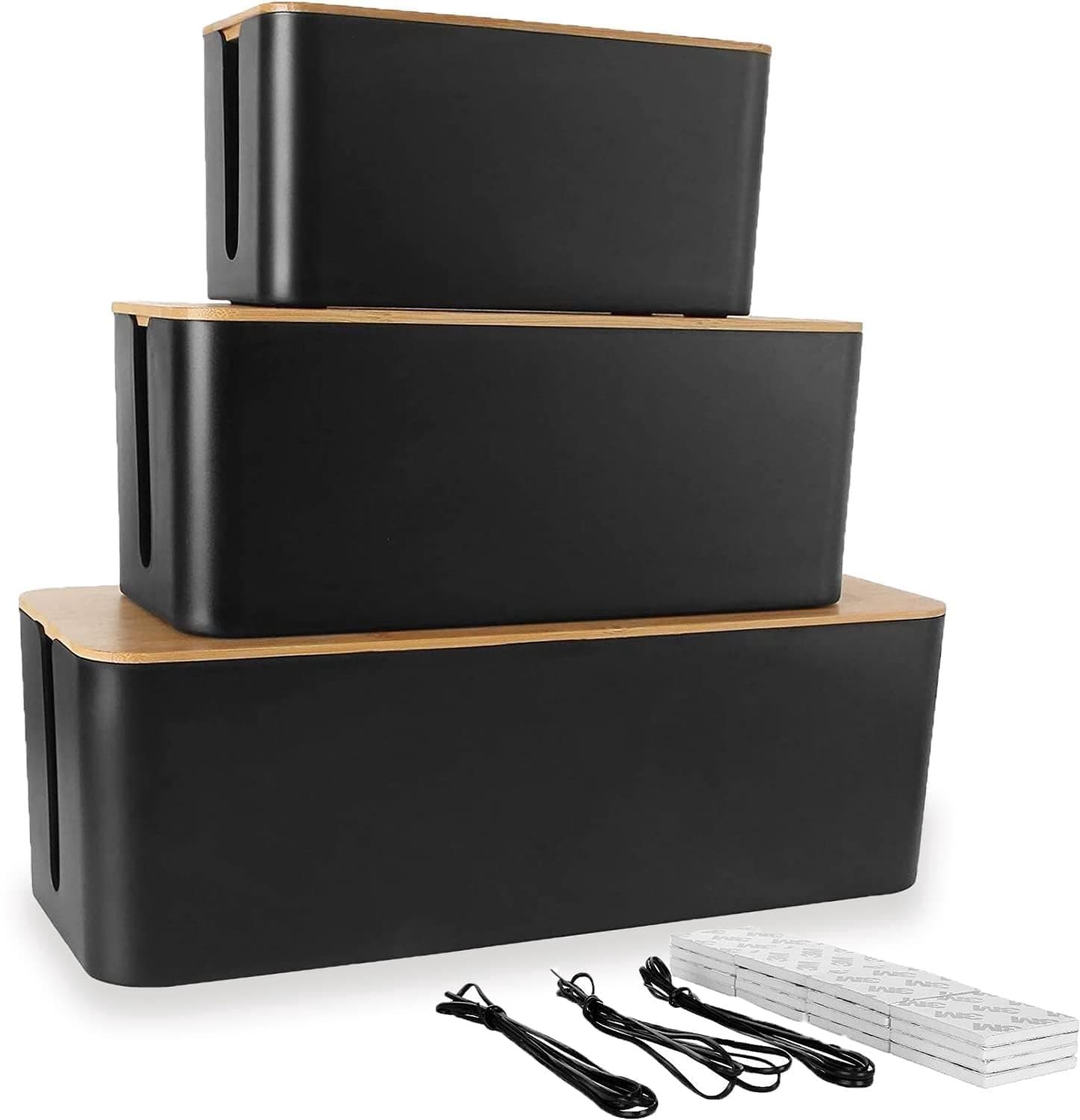 Kabelmanagement Boxen Set – 3-Delige Zwarte Kabelopbergboxen voor Bureau en TV-hoek – Houtlook