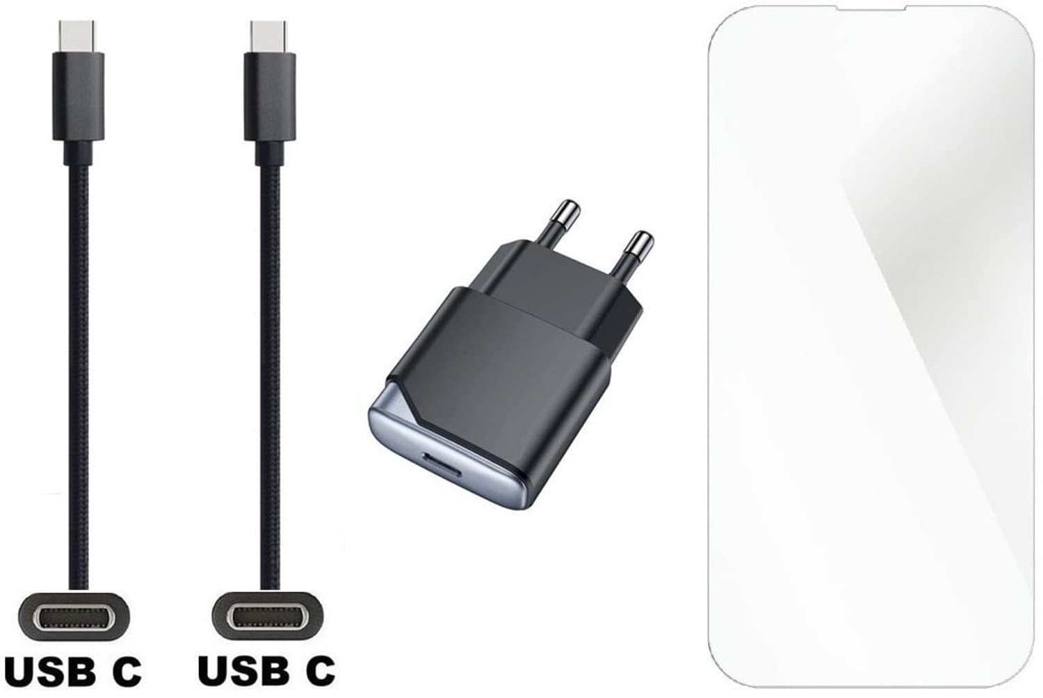 OneOne 35W super snellader USB C poort + 2,0m USB C naar USB C kabel en glazen screenprotector. Krachtige zwarte universele PD PPS lader. Compacte oplader adapter met GaN III technologie. Screenprotector past op Apple iPhone 16 Pro Max