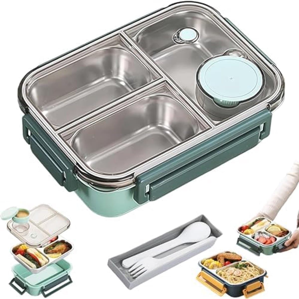 Roestvrijstalen Lunchbox – 3 Vakken – Met Bestek – Draagbaar – Magnetronbestendig – Voor School & Werk – Groen – 22.5 x 16.5 x 7cm