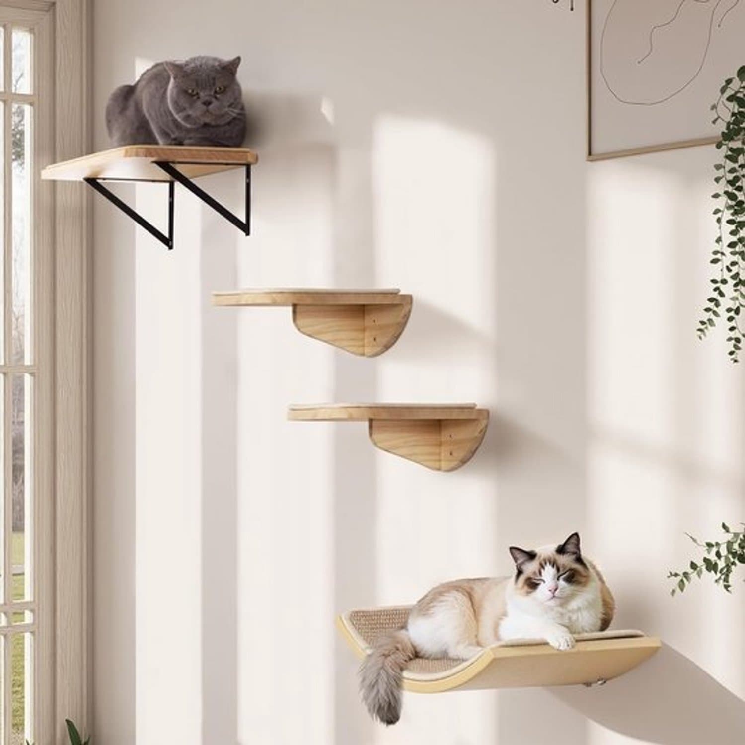 Kattenklimmeubel - Wandmeubel voor katten - Spelen en rusten - Stevig hout en sisal - Meerdere delen - Geel