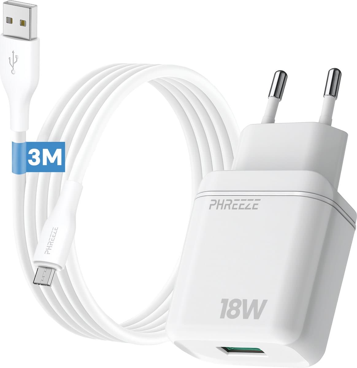 Phreeze usb adapter 5 V 3 A - Usb A naar micro usb kabel 3 meter - Oplader voor draadloze toetsenbord muis e reader headset en controller