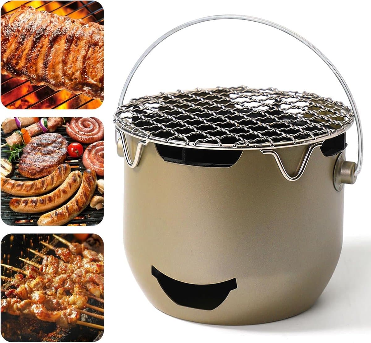 Draagbare houtskoolgrills, roestvrijstalen mini-houtskoolbarbecue, kleine buitengrill voor kamperen, grillen in de achtertuin, camper, picknick - Groen