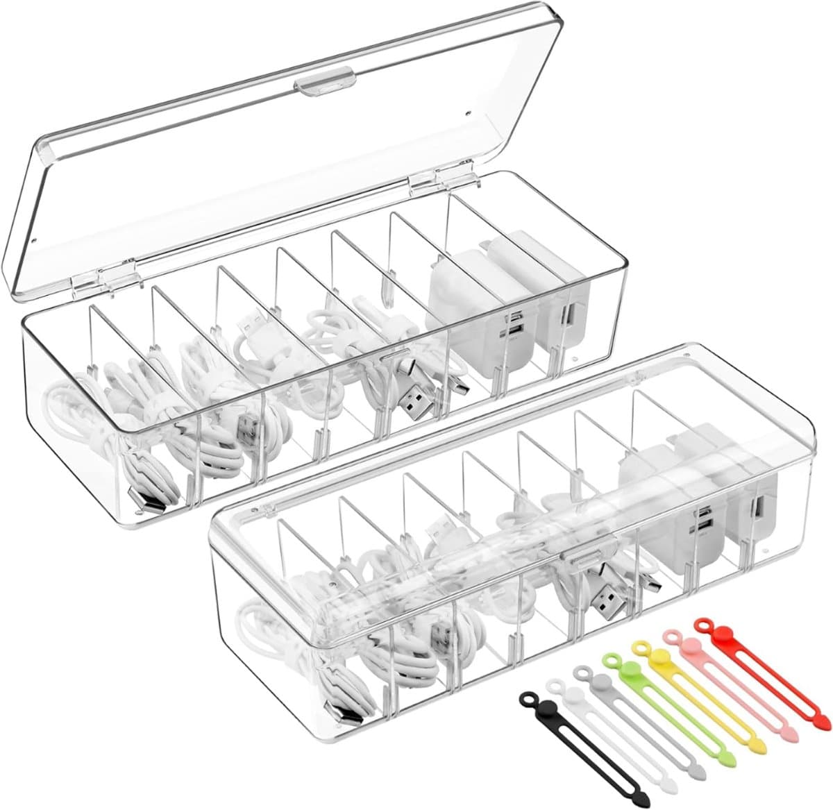 Goodivery ® Set van 2 kabelopbergdozen met 8 uitneembare vakken en 17 kabelbinders, voor bureau- en kantooropslag, inclusief labelpapier. 26.5 x 7.5 x 10 cm, Transparant