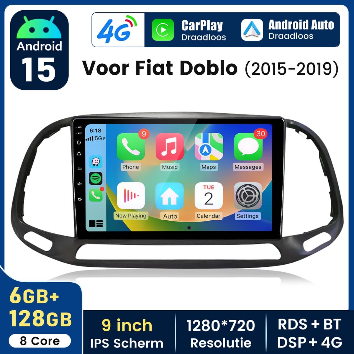 Junsun 6+128GB Octa-Core autoradio Geschikt voor Fiat Doblo 2015-2019 Android 15 Navi GPS/ WIFI/ Carplay/ BT RDS/ HIF/I 4G/ BT/ Andriod Auto/ DSP/ SWC-Plug & Play