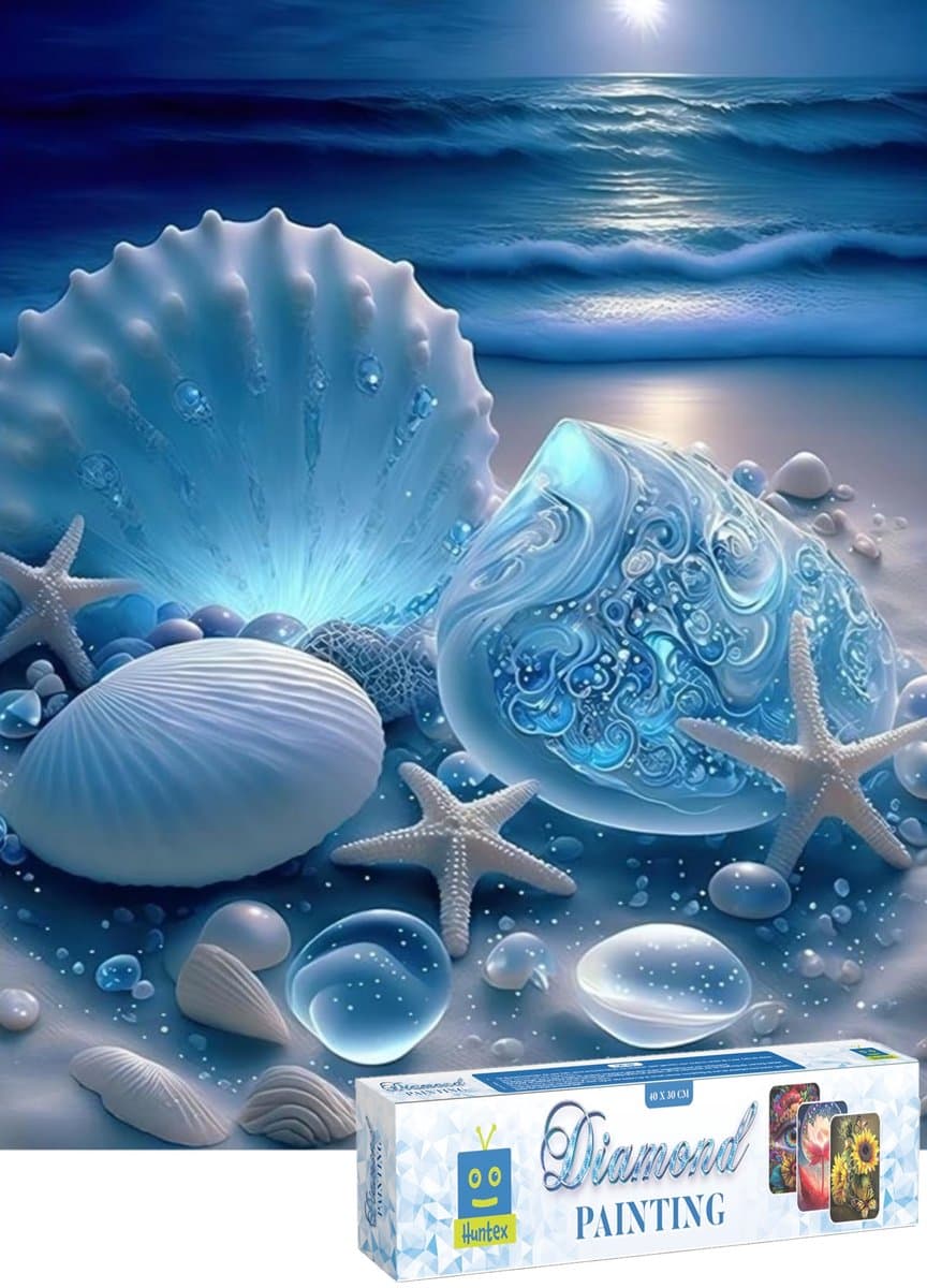 Huntex Diamond Painting Volwassenen - Diamond Painting Kinderen - Diamond Painting Pakket Volledig - SchelpenZeesterBlauw - 30x40 cm