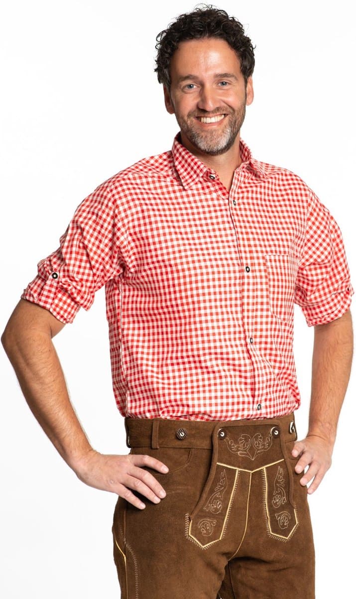Partychimp Oktoberfest Overhemd Heren Geblokt Oktoberfest heren Carnavalskleding Heren voor bij Lederhosen Man - Polyester - Rood - Maat 3XL
