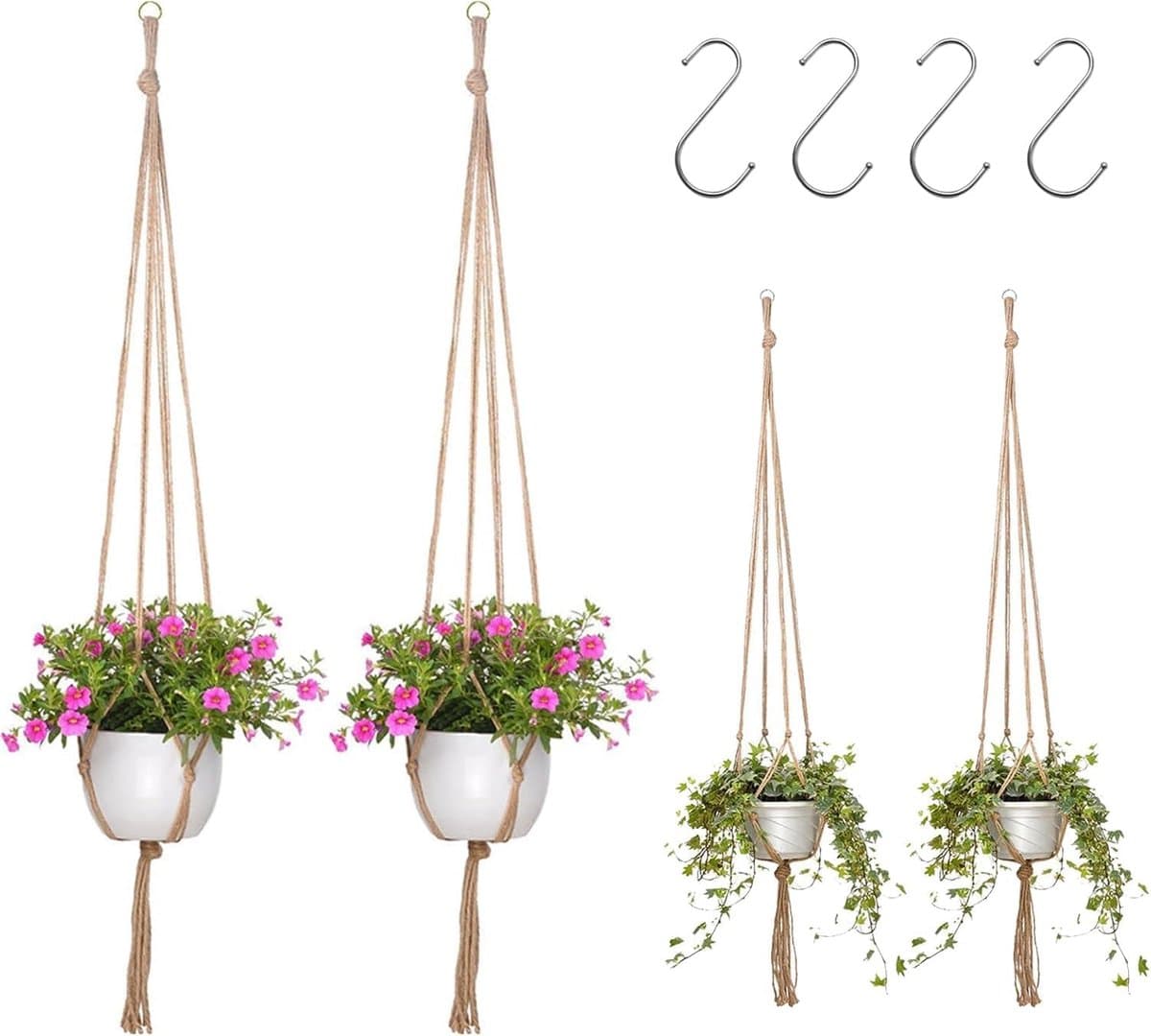 SnelShoppen - 4 Stuks Plant Hangers - Handgeweven Katoenen Hangmanden voor Binnen en Buiten - 100 cm en 90 cm - Perfect voor Tuin, Balkon, Woonkamer,