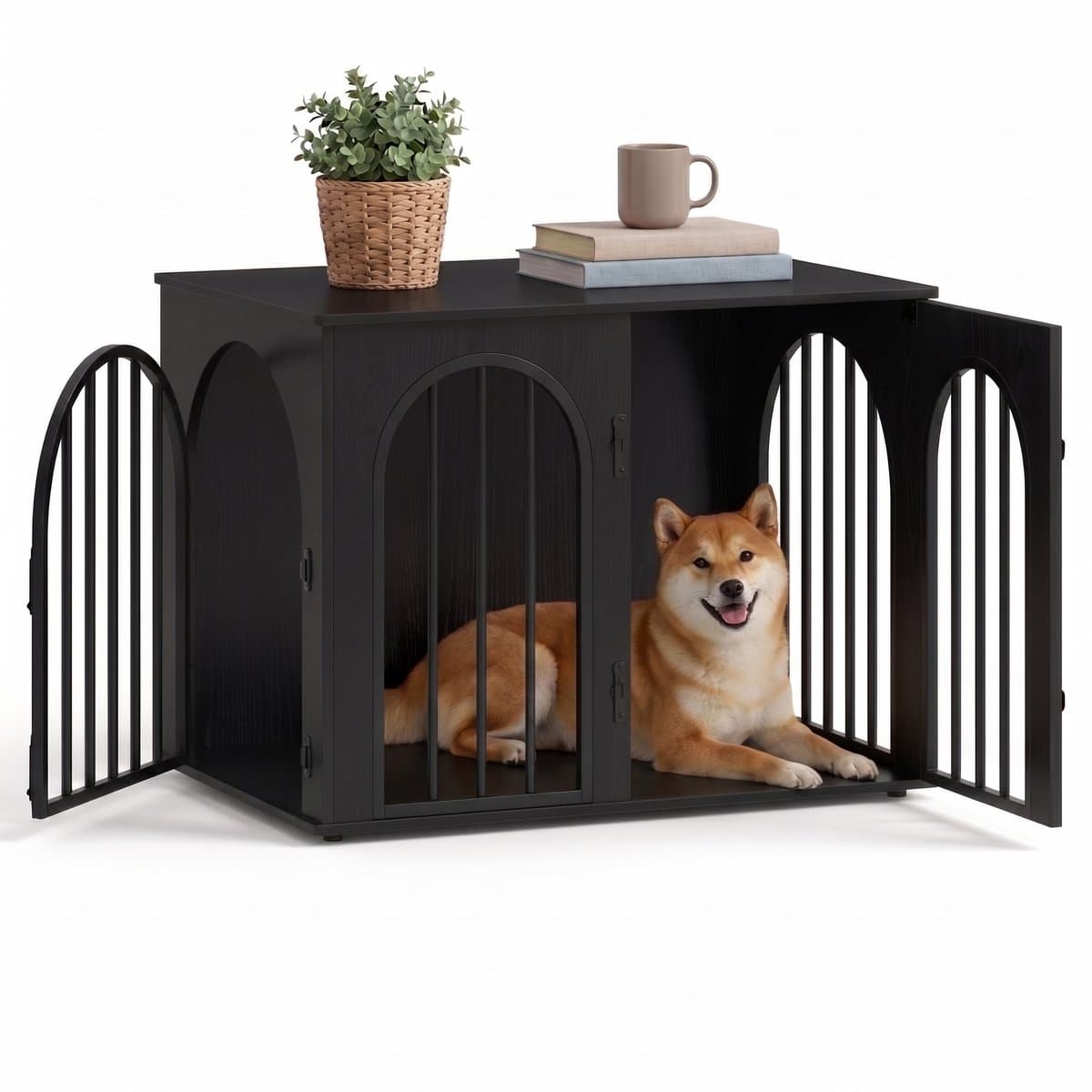 Aiverig® Hondenbench Hout Meubel – Met 4 Deuren – Hondenhok voor Binnen & Hondenkooi – Anti-knaag Sloten & Krasvrije Poten – Voor Kleine tot Middelgrote Honden – Zwart – 80×56×61 CM