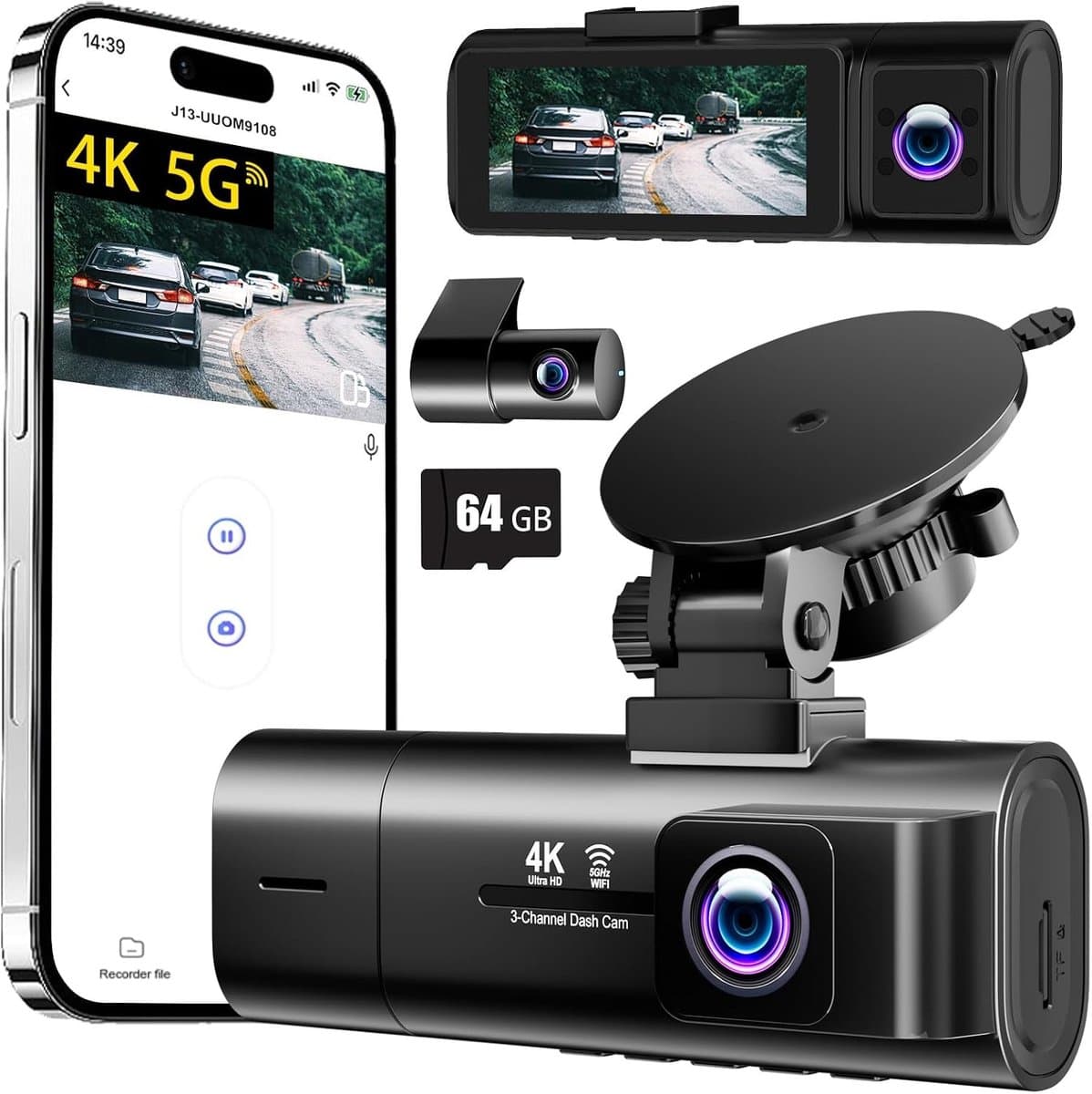 Dashcam - Zwart - 4 x 12 x 4 cm - 3-Kanaals Camera met 5G WLAN en 64 GB SD-kaart - Voor Auto