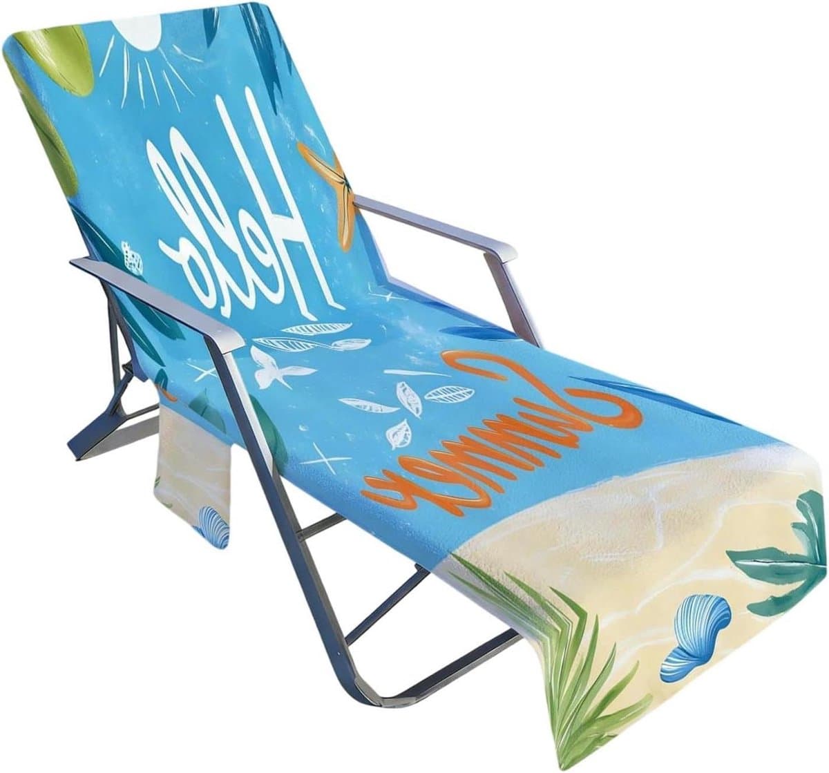 Loungestoel Hoes - Strandstoel Handdoek - Zonnebaden Buiten - Met Zijvakken - 200 x 75 cm - Blauw