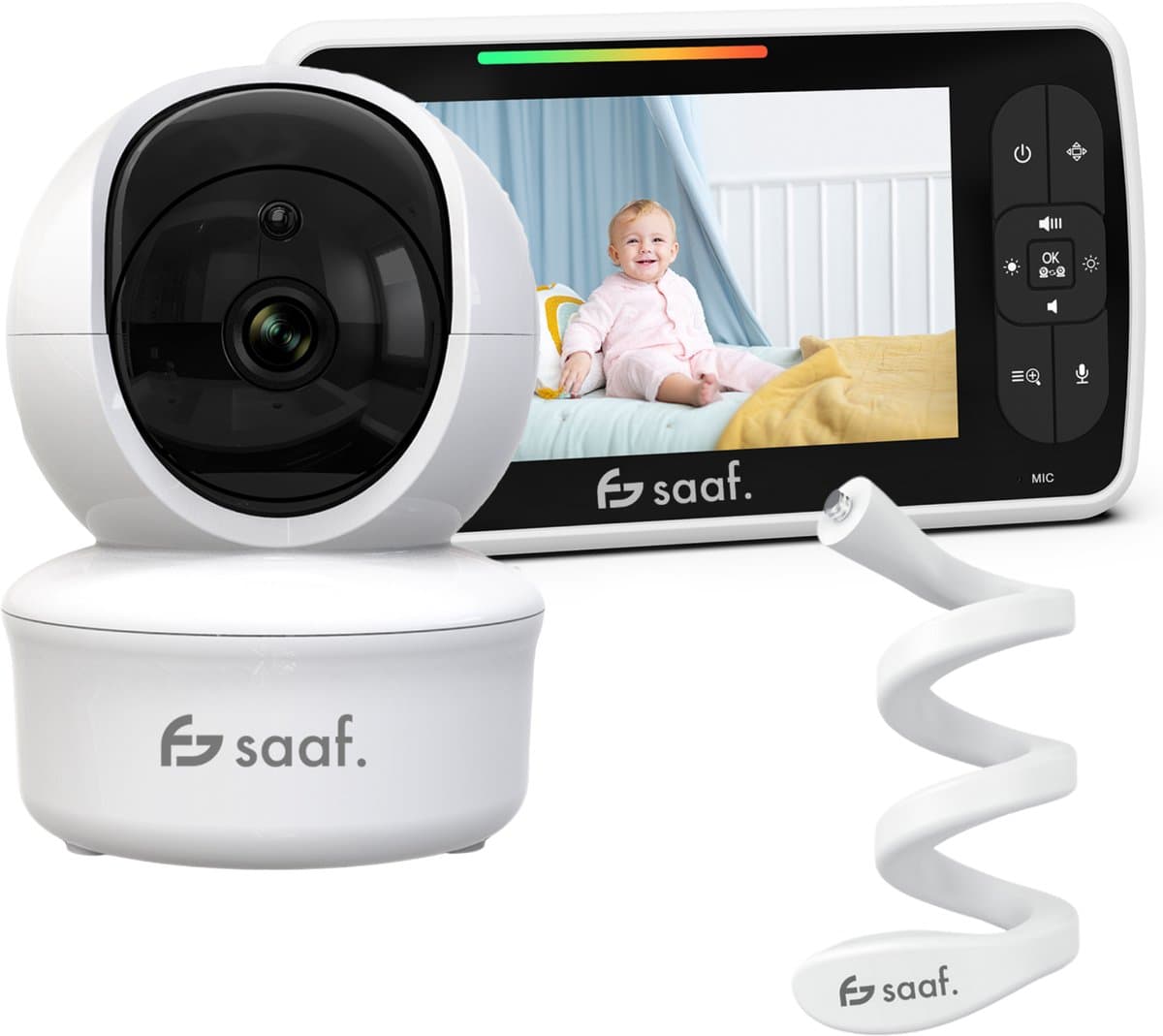 Babyfoon - Op afstand bestuurbaar - Incl. Houder - Babyfoon met Camera - 5 Inch Scherm - Wit - Saaf