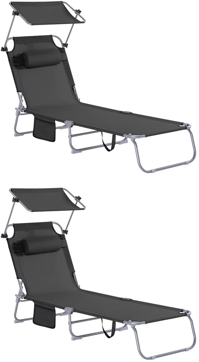 Opvouwbare Ligstoel met Zonnedak 195 cm – Verstelbare Rugleuning – Inclusief Hoofdkussen – Draagvermogen 150 kg – Voor Tuin, Strand, Balkon & Camping