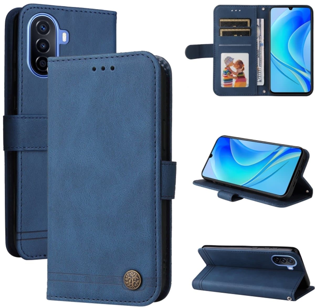 Voor Huawei nova Y70/Y70 Plus/Geniet van 50 Skin Feel Life Tree metalen knop lederen telefoonhoes (blauw)