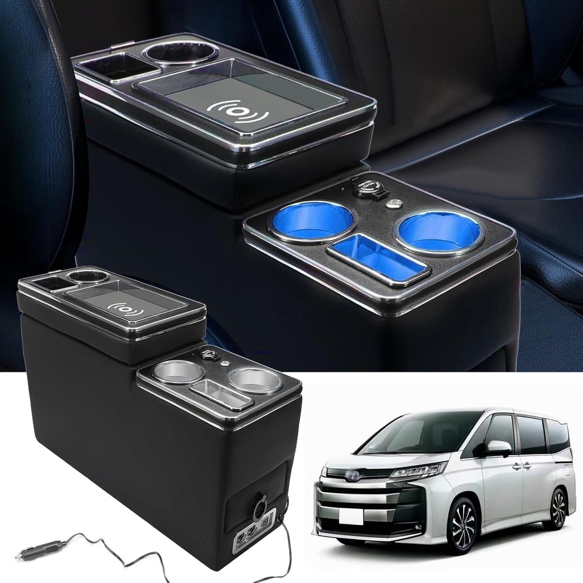 Center console met opbergcompartimenten voor VW T5 T6 T6.1 2013-2019, universele console met draadloos opladen, USB-aansluiting en LED-verlichting